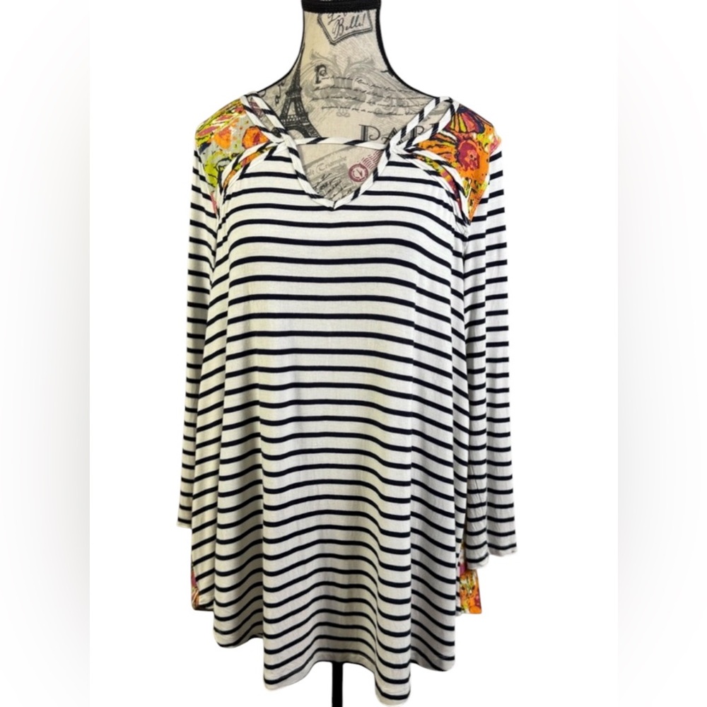Sharon Young Black and White Striped Tunic with Vibrant Floral Accents Size M